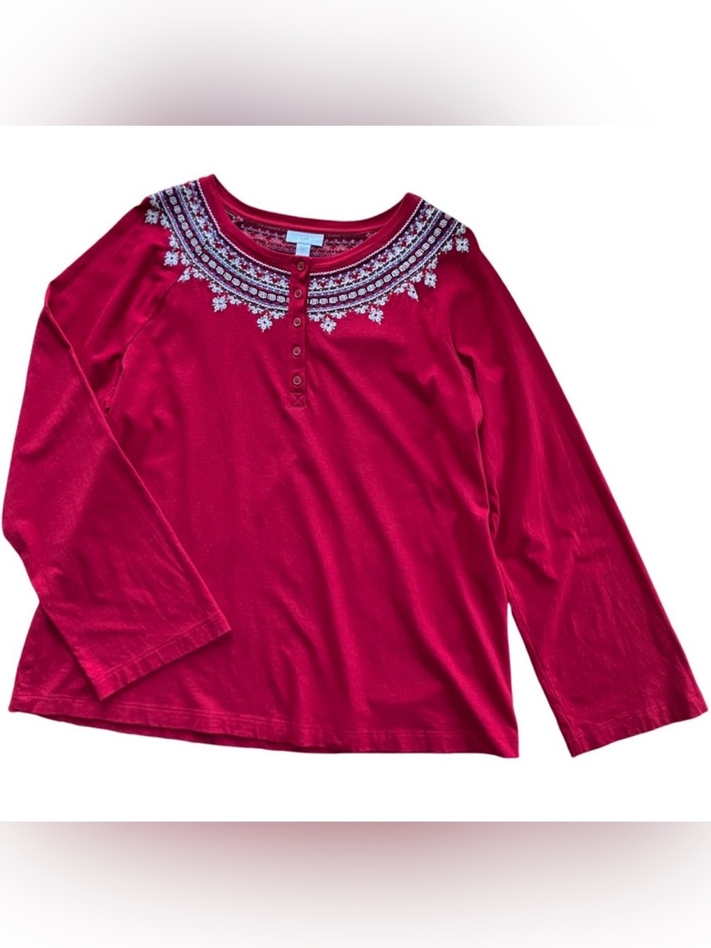 J. Jill Raglan Long Sleeve Henley T-Shirt With Embroidered Yolk/Neck Red